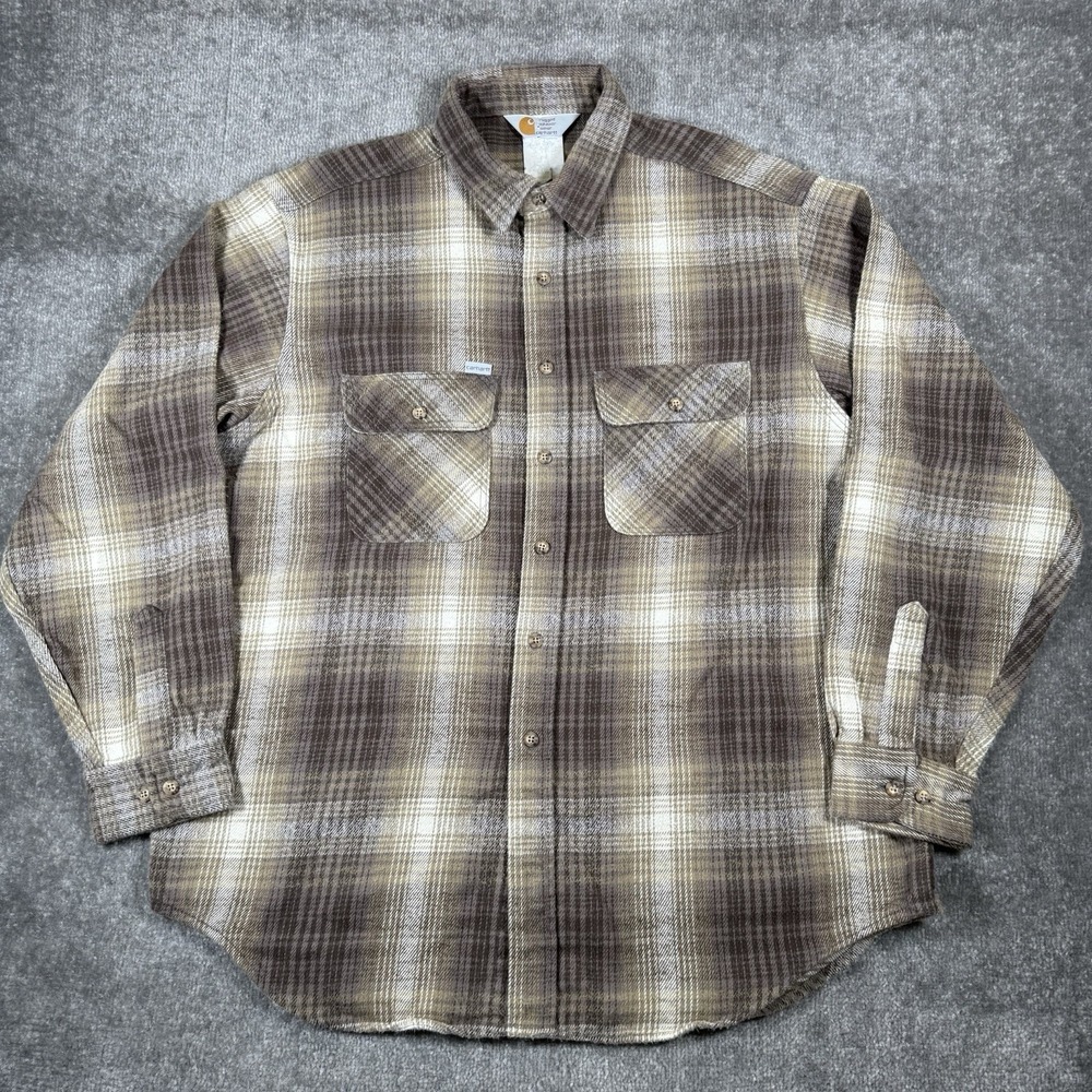 Vintage Carhartt Shirt Men's XL Brown Plaid Flannel Button Down Workwear 90s